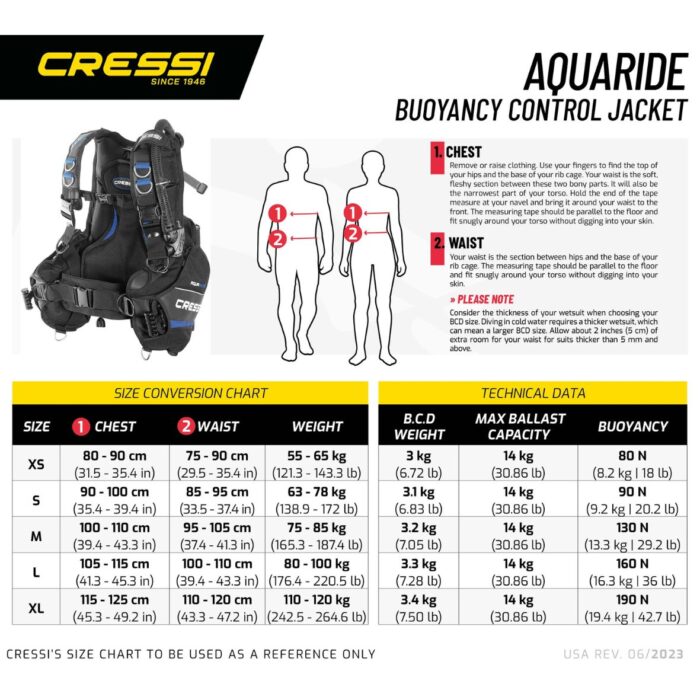 Jacket nurkowy Cressi Aquaride tabela rozmiarów Jacket nurkowy Cressi Aquaride tabela rozmiarów