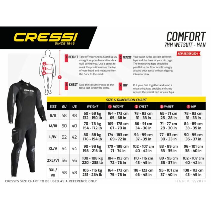 Skafander neoprenowy Cressi Comfort 7 mm Wetsuit męski tabela rozmiarów Skafander neoprenowy Cressi Comfort 7 mm Wetsuit męski tabela rozmiarów
