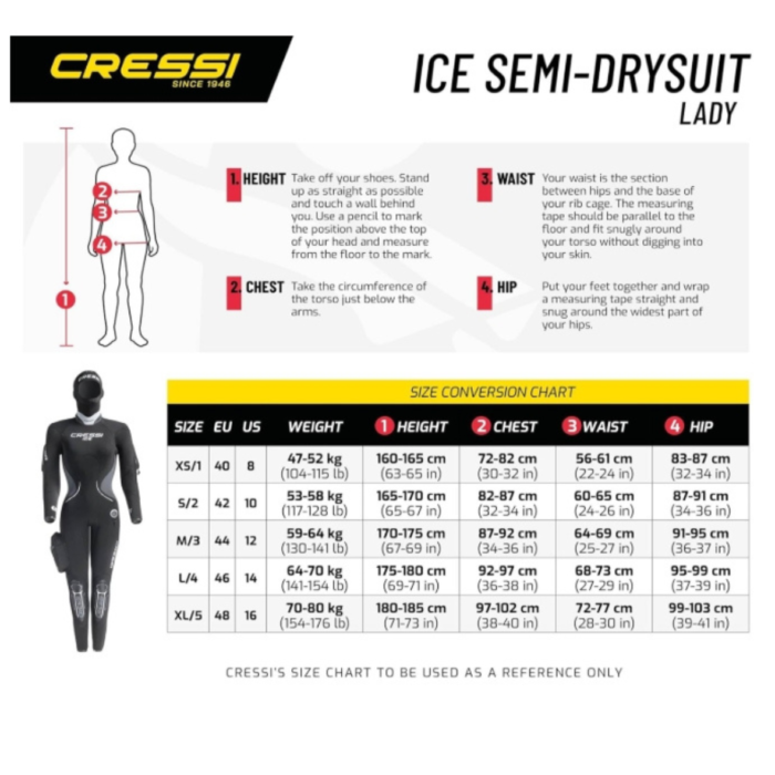 Skafander półsuchy Cressi Ice Semi Drysuit Lady 7mm tabela rozmiarów Skafander półsuchy Cressi Ice Semi Drysuit Lady 7mm tabela rozmiarów